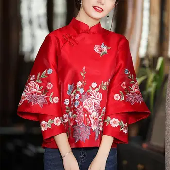 Элегантная свободная блузка, новинка весны и осени, костюм в стиле Тан, пальто, китайский топ с вышивкой в стиле ретро, женский топ с пуговицами