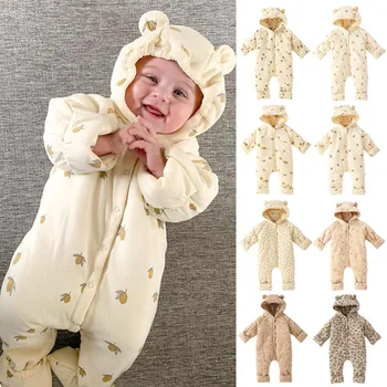 Зимняя детская одежда для малышей, теплые комбинезоны для мальчиков и девочек с цветочным принтом, капюшон, утепленный теплый комбинезон для младенцев