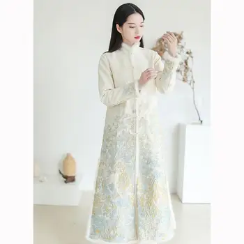 2023 Осень зима китайский стиль ретро жаккардовая хлопчатобумажная куртка женское повседневное улучшенное платье чонсам восточное винтажное пальто hanfu