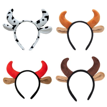 Плюшевые коровьи уши и рога, повязка на голову, Забавный обруч для волос с изображением животных, тематическая вечеринка на Хэллоуин, Маскарадный костюм, Головные уборы