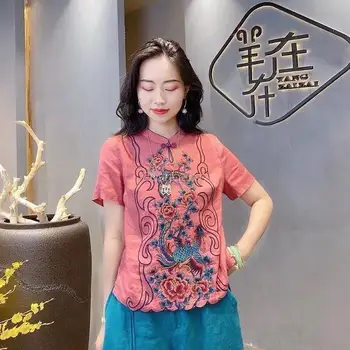 2024 Хлопчатобумажный льняной топ в китайском этническом стиле женский топ со стоячим воротником и пуговицами с литературной вышивкой топ с короткими рукавами