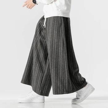 Повседневные мешковатые широкие брюки в китайскую полоску из плотной шерсти в китайском стиле, осень / Зима 2023, мужские широкие брюки в японском стиле.