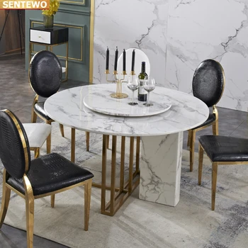 Дизайнерская роскошная круглая столовая с мраморной плитой и обеденным столом, 4 стула, мебель для кормушек meuble, Нержавеющая сталь, золотое основание