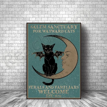 Плакат с черным котом, плакат с кошкой-ведьмой, Салемский заповедник, Своенравная дикая кошка и приветствие домашних животных на Хэллоуин. Плакат