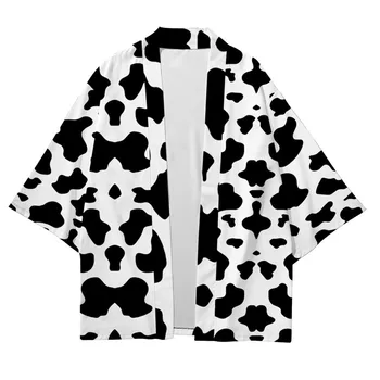 Женский халат с черно-белым рисунком коровы, домашняя одежда, ночное белье, однотонное кимоно, халат, модный домашний халат
