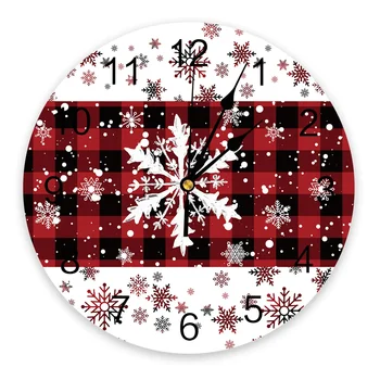Рождественские круглые настенные часы в клетку со снежинками, современный дизайн, кухонные подвесные часы, домашний декор, бесшумные настенные часы