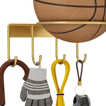 Настенный держатель мяча с 4 крючками, металлическая стойка для баскетбола, футбола, волейбола, многоцелевая полка для футбольного дисплея