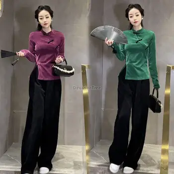 2023 китайский модный костюм для женщин, новинка зимы, ретро стиль, тонкая бархатная блузка-чонсам, широкие брюки, комплект из двух предметов, s882
