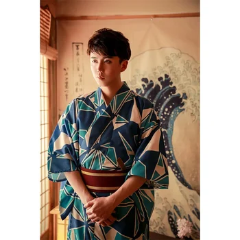 Японское Традиционное Кимоно, Мужская Синяя одежда, Мужская одежда с принтом Хаори Оби, Самурайский Воин, Костюм для Косплея, Самурай Юката