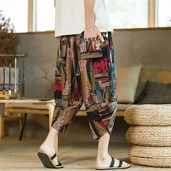 2023 Мужские Летние повседневные брюки большого размера в традиционном стиле длиной до икр в Корейском стиле из хлопка с принтом, свободные Мужские брюки, уличная одежда