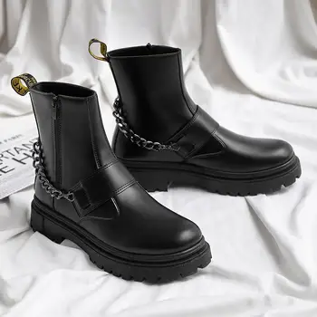 Мужская обувь, зимняя новая рабочая одежда с высоким берцем, повседневные черные кожаные ботинки в британском стиле для езды на мотоцикле среднего размера