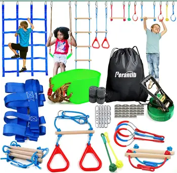 Полоса препятствий для детей - Slackline 52' с 11 аксессуарами для детей, включает качели, сетку для препятствий, веревочную лестницу, Slackline 