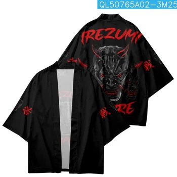 Летние японские черные рубашки с принтом демона, традиционные мужские и женские кимоно юката, модный кардиган, одежда Хаори для косплея