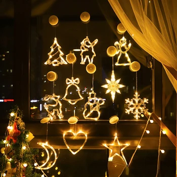 Рождественские огни Светодиодное окно Снежинка Санта Подвесная лампа на присосках для рождественского украшения дома Рождественские светодиодные фонари на батарейках
