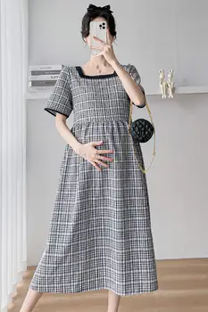 Летнее платье для беременных в японском стиле С коротким рукавом и квадратным воротником, милое платье трапециевидной формы для беременных с высокой талией, одежда для беременных