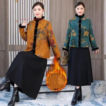 винтажное пальто с китайским национальным цветочным принтом 2024, женская этническая куртка с хлопковой подкладкой, костюм в стиле ретро тан, воротник-стойка, плотное теплое пальто