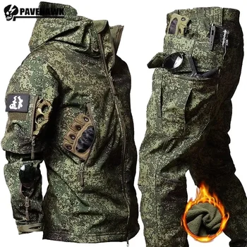 Военный утепленный мужской камуфляжный костюм, водонепроницаемый тактический тренировочный комплект, куртка с капюшоном с несколькими карманами, флисовые брюки для охоты на открытом воздухе, 2 предмета