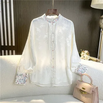 Высококачественная весенне-летняя жаккардовая блузка с вышивкой, рубашка, женская модная элегантная свободная женская чайная одежда, дзен-топ S-XXL