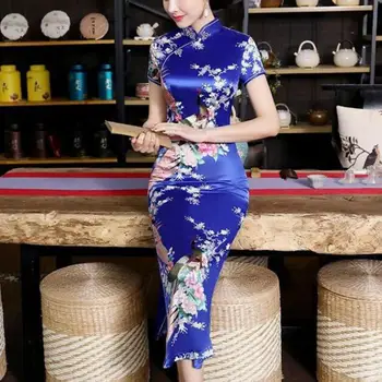 Женское традиционное китайское платье Китайское платье Чонсам в китайском национальном стиле с цветочным принтом и воротником-стойкой Женское летнее