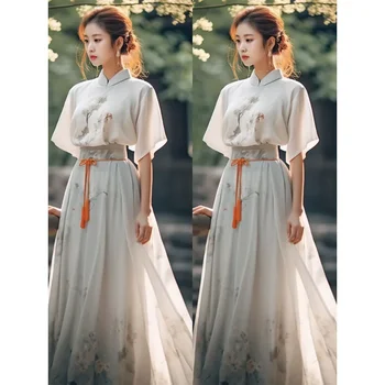 Улучшенный китайский шифоновый костюм для рисования тушью Tang Suit, топ, юбка, женская летняя элегантная повседневная одежда, китайские покупки онлайн