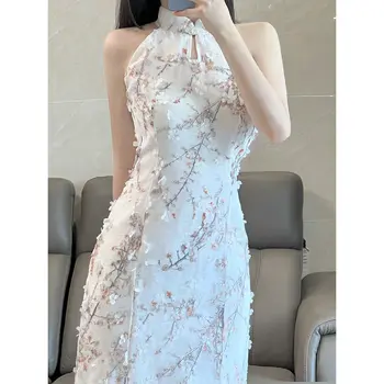 Улучшенное китайское платье Ципао Чонсам без рукавов с бретелькой на шее, тонкое облегающее элегантное сексуальное летнее платье для выступлений на вечеринках