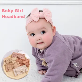 Повязка на голову для новорожденных девочек, эластичный вязаный детский тюрбан, детские бантики, мягкие нейлоновые детские головные уборы, Аксессуары для волос