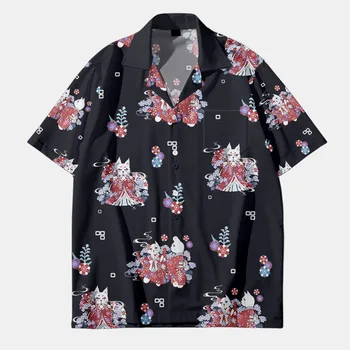 Мужские топы, рубашка с коротким рукавом и пуговицами, свободная пляжная рубашка для отдыха, Летние гавайские повседневные рубашки с принтом кота