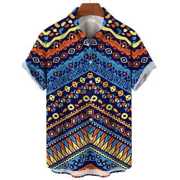 Мужская рубашка с этническим принтом, летняя рубашка с лацканами, 2023 г. Рубашки в клетку с короткими рукавами, уличная футболка в стиле хип-хоп большого размера