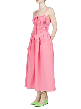 Женское летнее повседневное длинное платье, однотонное платье без рукавов с рюшами, плиссированное платье трапециевидной формы с карманами