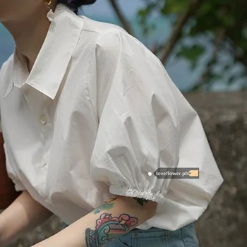 Белая рубашка с короткими рукавами в корейском стиле, женский топ с пышными рукавами