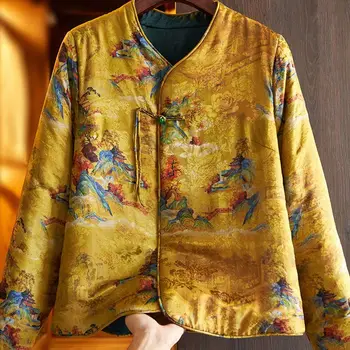 2024 китайское винтажное хлопчатобумажное пальто с восточным цветочным принтом и пуговицами в стиле ретро, женское элегантное теплое пальто с цветочным принтом, танкостюмы, пальто