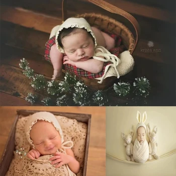 Dvotinst Реквизит для фотосъемки новорожденных, Милая вязаная шапочка с кроликом, Кроличьи чепчики с ушками, Кружевные шапочки, Реквизит для студийной съемки