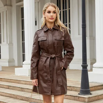 Высококачественное кожаное пальто с длинным кожаным поясом, Износостойкое женское пальто с длинными рукавами 
