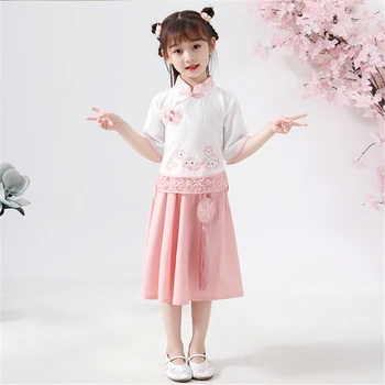 Летнее платье для девочек 2020, новое детское летнее хлопковое платье для выпускной церемонии Hanfu в китайском стиле для маленькой девочки, милое платье ципао