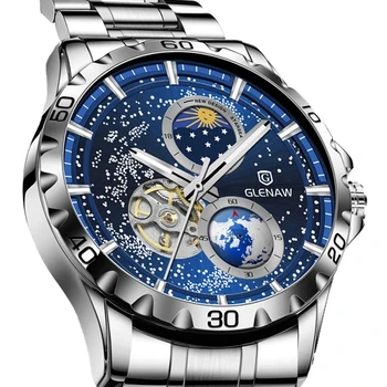 2023 Часы GLENAW Rotating Earth Мужские автоматические механические часы Starry Sky Ремешок из нержавеющей стали Moonlight Phase Водонепроницаемые