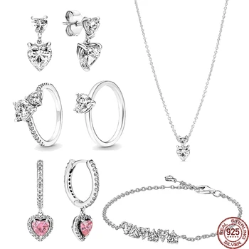 Новый набор классических блестящих сердечек из стерлингового серебра 925 пробы Серьги Ожерелье Браслет Очаровательный женский ювелирный подарок