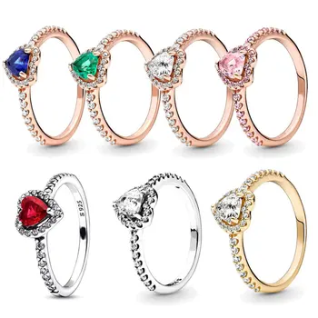 Кольцо из серебра 925 пробы с покрытием из розового золота, Сверкающее Кольцо с красным сердечком для женщин, подарок на помолвку, Оригинальное Ювелирное кольцо, Аутентичные украшения