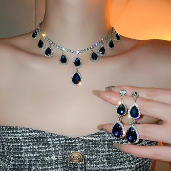 Французский свет Роскошный Дворцовый стиль Синий кристалл капли воды Серьги Ожерелье для женщин Комплект ювелирных изделий для вечеринок