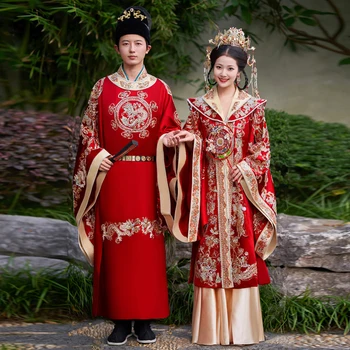 Свадебное платье Hanfu династии Сун Мин, оригинальное платье с вышивкой Xiuhe, платье Феникса, Платье Дракона, одежда для свадебной пары из Древнего Китая.