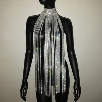 Женский топ с кисточками, сексуальное открытое блестящее вечернее платье со стразами на шее