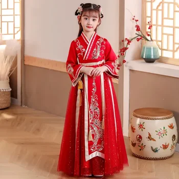 Старинное платье Hanfu Super Immortal с красной вышивкой для девочек, детское платье феи Тан в китайском стиле с длинными рукавами