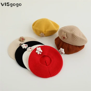 VISgogo Детские береты для девочек, шапка для малышей, декор в виде мишки, вязаная шапка, осенне-зимняя модная повседневная теплая шапка