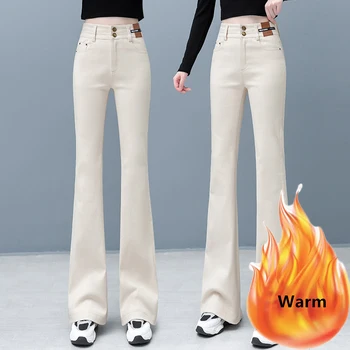Зимние уличные джинсы-клеш оверсайз весом 80 кг с высокой талией, классические плюс бархатные теплые джинсовые брюки, новые джинсовые брюки Vaqueros