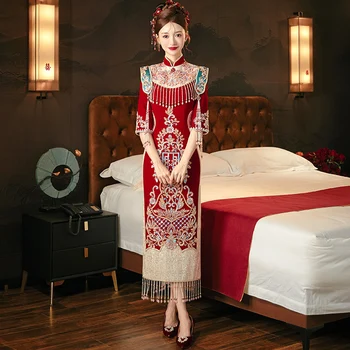 Бархатное Ципао с красными блестками В китайском стиле, Длинное традиционное вечернее платье Чонсам в восточном стиле, Vestido