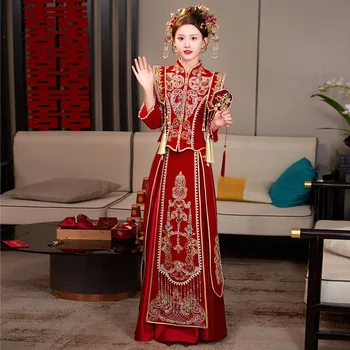Костюмы жениха Xiuhe, свадебное платье невесты Hanfu, Древнекитайское свадебное платье, Красный велюровый костюм, Традиционная одежда с вышивкой, Vestido Chino