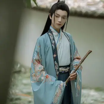Wei Jin Hanfu, рубашка с перекрестным воротником и широкими рукавами, костюм с юбкой в виде лошадиной морды, Традиционная древняя одежда В китайском стиле, комплект из трех предметов
