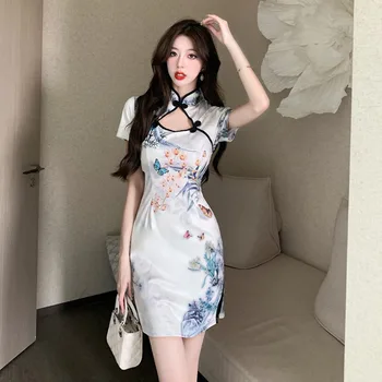 Женские Чонсамы с принтом в Китайском стиле, элегантное Корейское Ципао в стиле ретро, сексуальное короткое платье, облегающие вечерние платья, Vestidos
