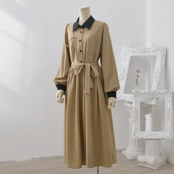 SuperAen 2023 Осеннее новое платье цвета Хаки в Корейском стиле с контрастным воротником-лацканом, на шнуровке, на талии, Женское повседневное длинное платье