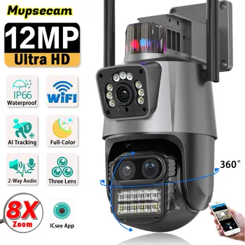 360 Беспроводная Наружная Камера Безопасности 6K 12MP WiFi iCSee Smart С Тремя Объективами и 8-Кратным Зумом IP-Камера Видеонаблюдения CCTV Auto Tracking