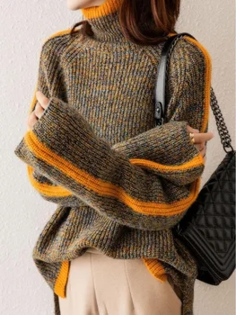Женская мода осени-Зима, Вязаный свободный пуловер с ленивым ветром, водолазка с длинным рукавом, женский свитер-пуловер с подкладкой Оверсайз, Пуловер